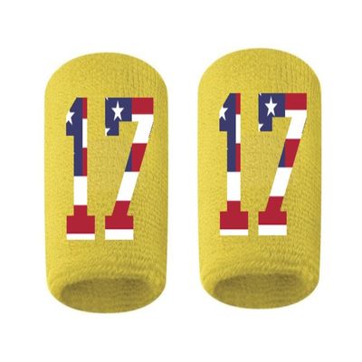 #17 Embroidered/Stitched Sweatband Wristband YELLOW GOLD Sweat Band w/ USA AMERICAN FLAG Number (2 Pack)