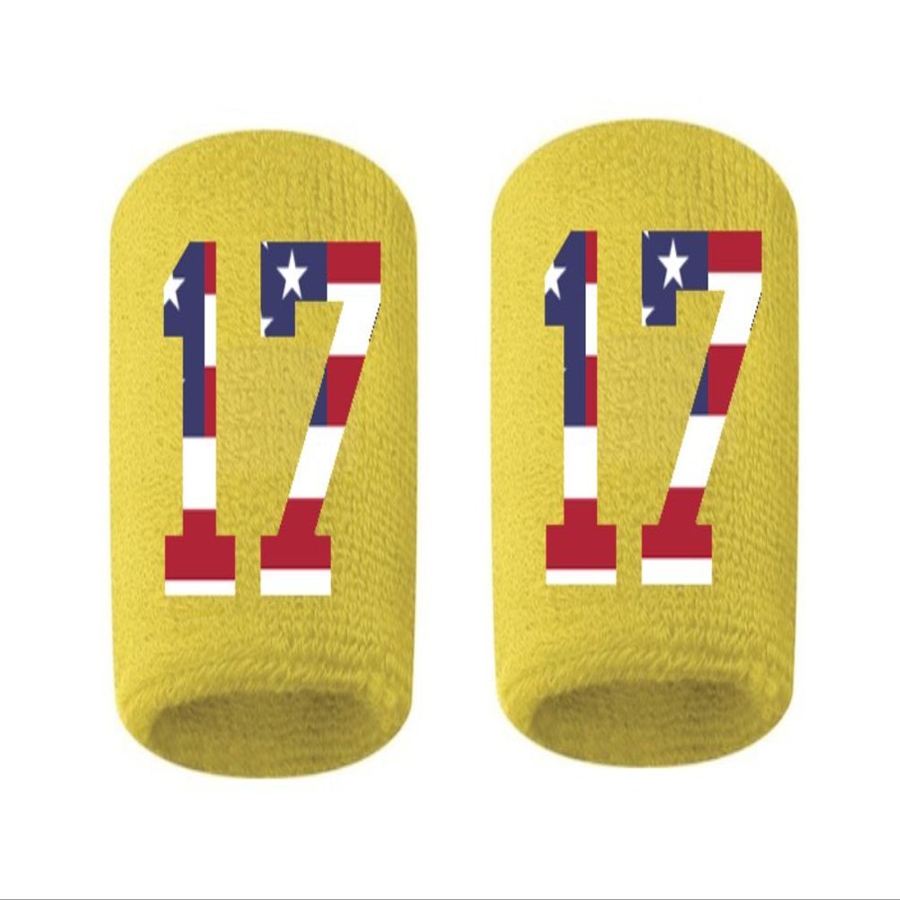 #17 Embroidered/Stitched Sweatband Wristband YELLOW GOLD Sweat Band w/ USA AMERICAN FLAG Number (2 Pack)