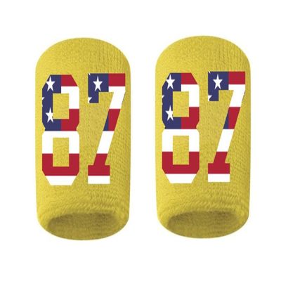 #87 Embroidered/Stitched Sweatband Wristband YELLOW GOLD Sweat Band w/ USA AMERICAN FLAG Number (2 Pack)
