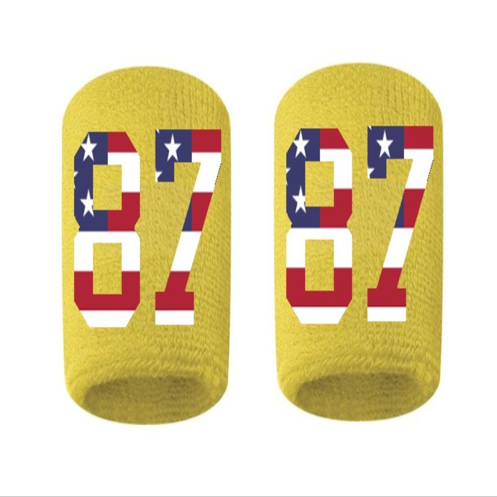 #87 Embroidered/Stitched Sweatband Wristband YELLOW GOLD Sweat Band w/ USA AMERICAN FLAG Number (2 Pack)