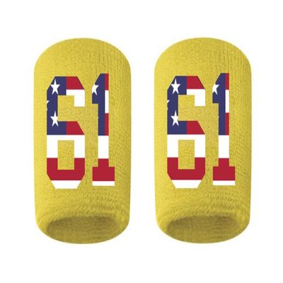 #61 Embroidered/Stitched Sweatband Wristband YELLOW GOLD Sweat Band w/ USA AMERICAN FLAG Number (2 Pack)