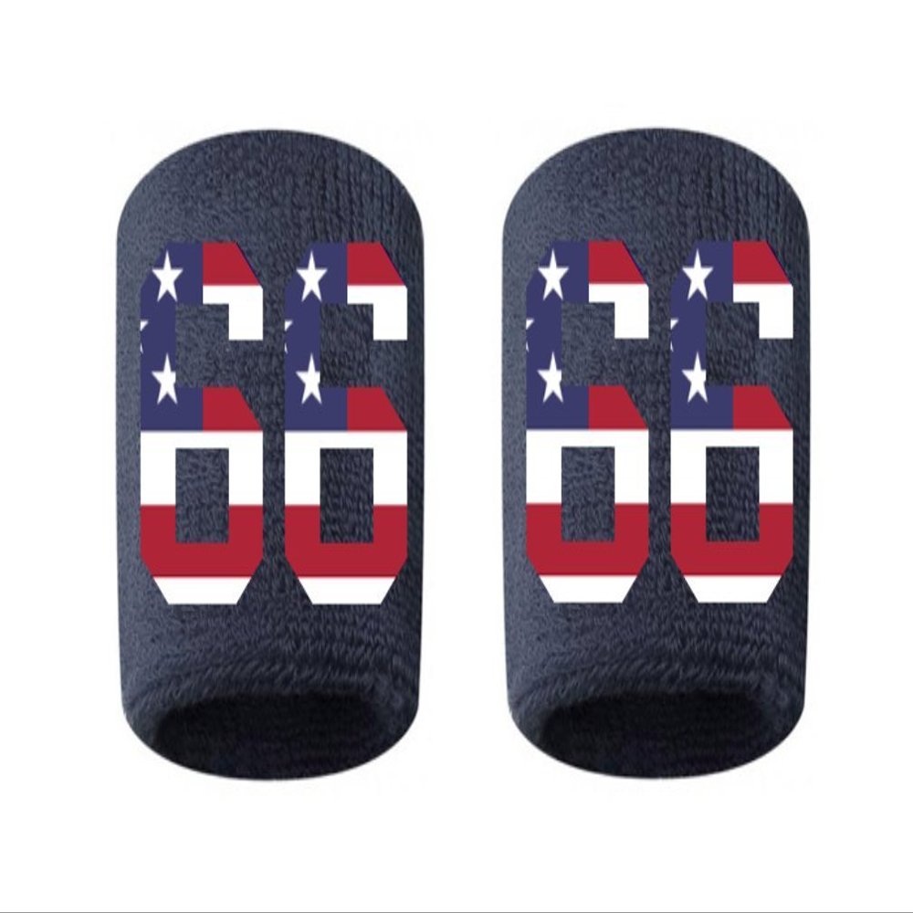 #66 Embroidered/Stitched Sweatband Wristband NAVY BLUE Sweat Band w/ USA AMERICAN FLAG Number (2 Pack)