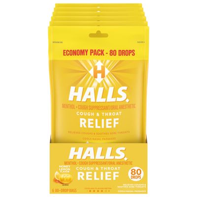 Halls Relief Honey Lemon Cough Drops, Economy Pack, 6 Packs of 80 Drops (480 Total Drops)