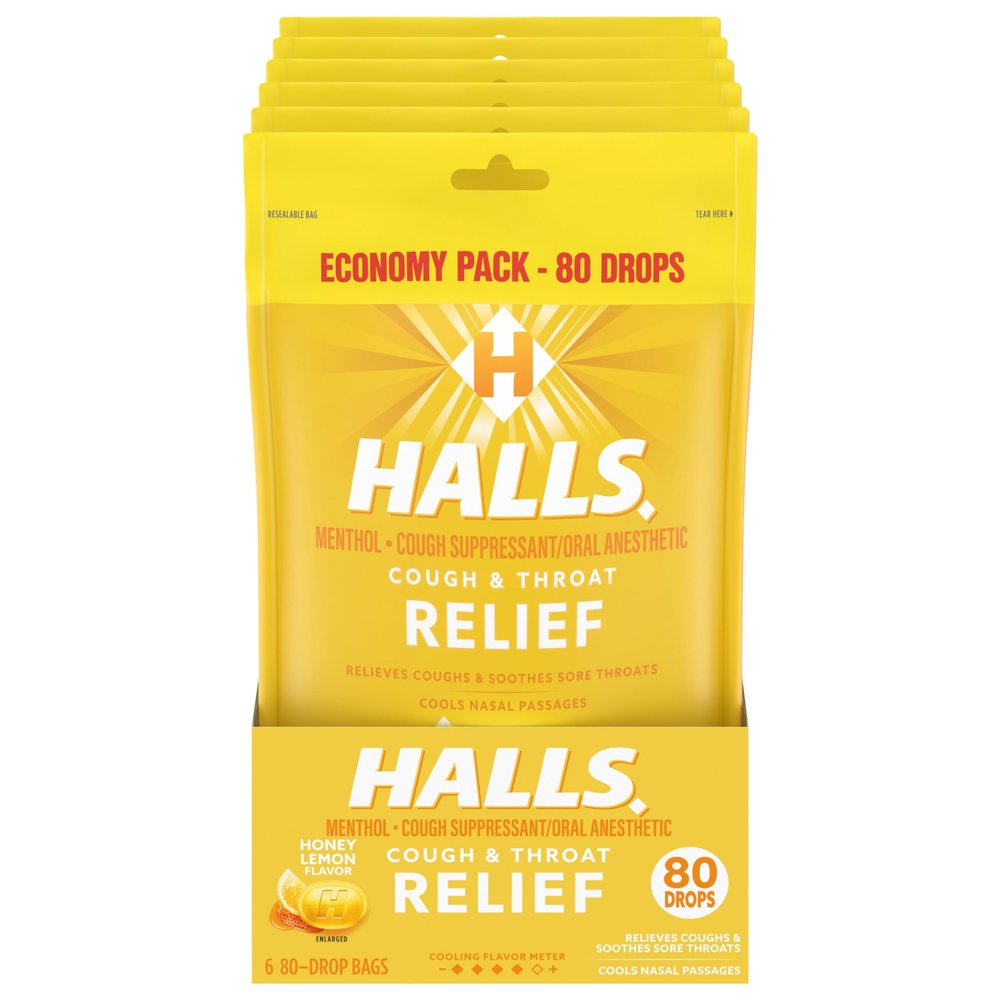 Halls Relief Honey Lemon Cough Drops, Economy Pack, 6 Packs of 80 Drops (480 Total Drops)