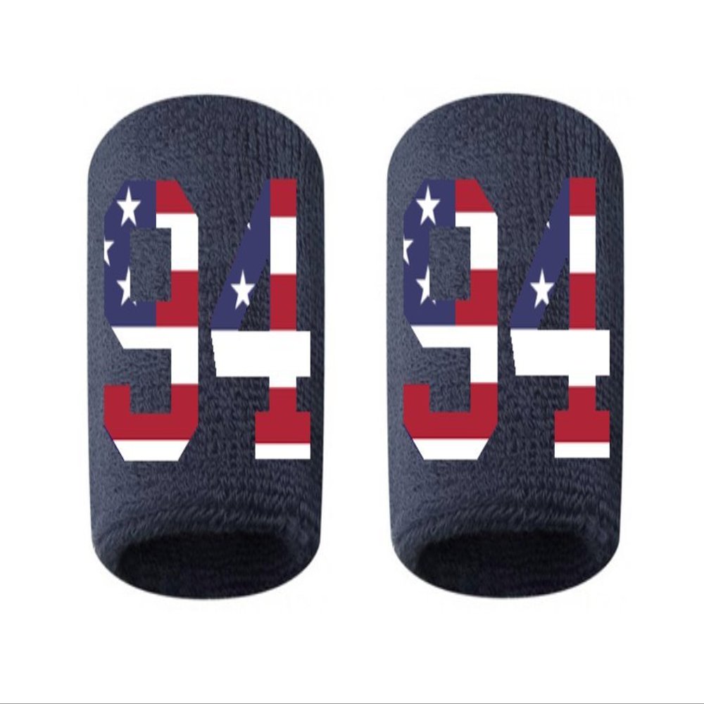 #94 Embroidered/Stitched Sweatband Wristband NAVY BLUE Sweat Band w/ USA AMERICAN FLAG Number (2 Pack)