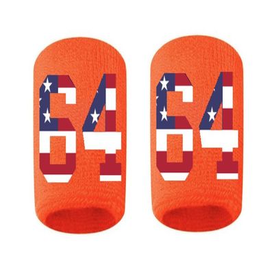 #64 Embroidered/Stitched Sweatband Wristband ORANGE Sweat Band w/ USA AMERICAN FLAG Number (2 Pack)