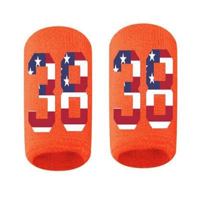 #38 Embroidered/Stitched Sweatband Wristband ORANGE Sweat Band w/ USA AMERICAN FLAG Number (2 Pack)