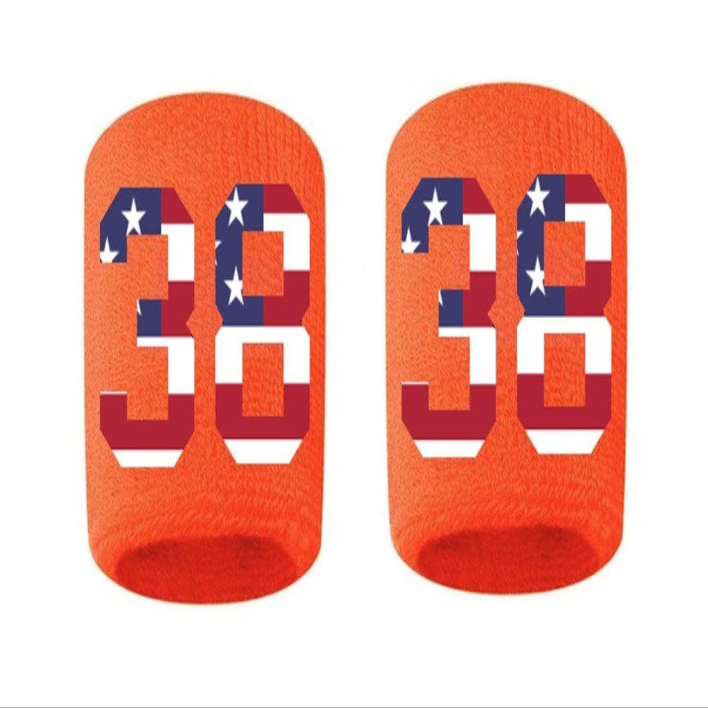 #38 Embroidered/Stitched Sweatband Wristband ORANGE Sweat Band w/ USA AMERICAN FLAG Number (2 Pack)