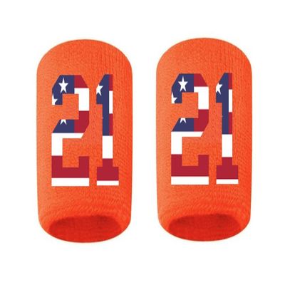 #21 Embroidered/Stitched Sweatband Wristband ORANGE Sweat Band w/ USA AMERICAN FLAG Number (2 Pack)