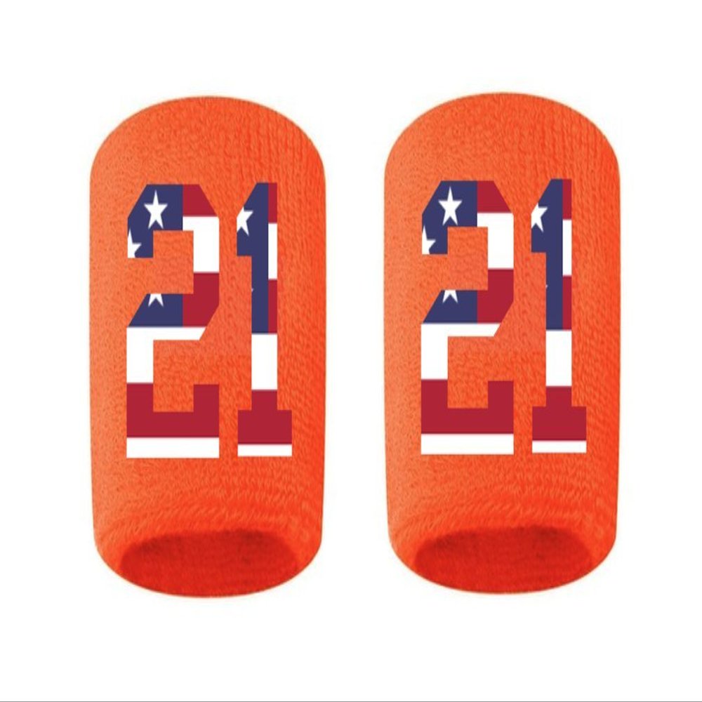 #21 Embroidered/Stitched Sweatband Wristband ORANGE Sweat Band w/ USA AMERICAN FLAG Number (2 Pack)