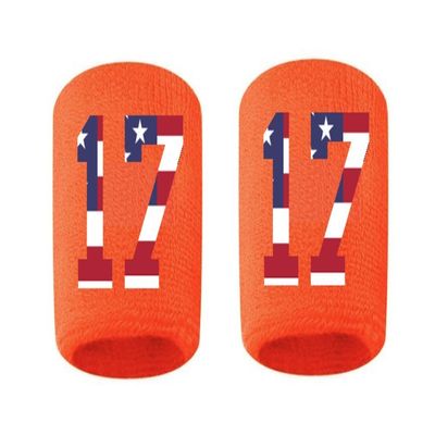 #17 Embroidered/Stitched Sweatband Wristband ORANGE Sweat Band w/ USA AMERICAN FLAG Number (2 Pack)