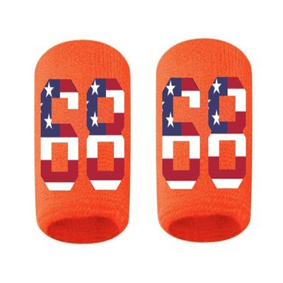 #68 Embroidered/Stitched Sweatband Wristband ORANGE Sweat Band w/ USA AMERICAN FLAG Number (2 Pack)