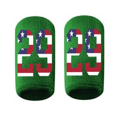 #29 Embroidered/Stitched Sweatband Wristband GREEN Sweat Band w/ USA AMERICAN FLAG Number (2 Pack)