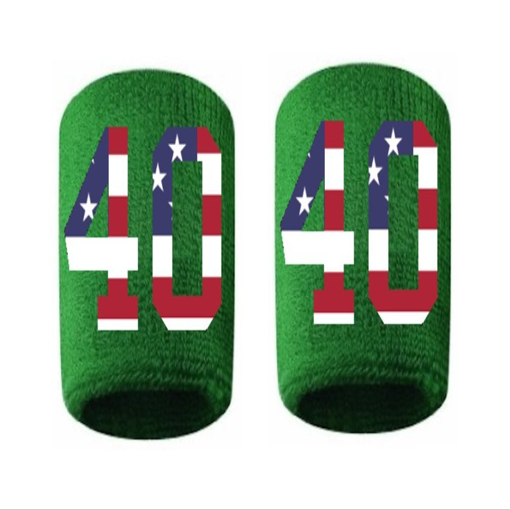 #40 Embroidered/Stitched Sweatband Wristband GREEN Sweat Band w/ USA AMERICAN FLAG Number (2 Pack)