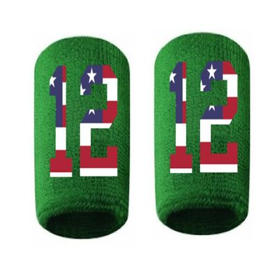 #12 Embroidered/Stitched Sweatband Wristband GREEN Sweat Band w/ USA AMERICAN FLAG Number (2 Pack)