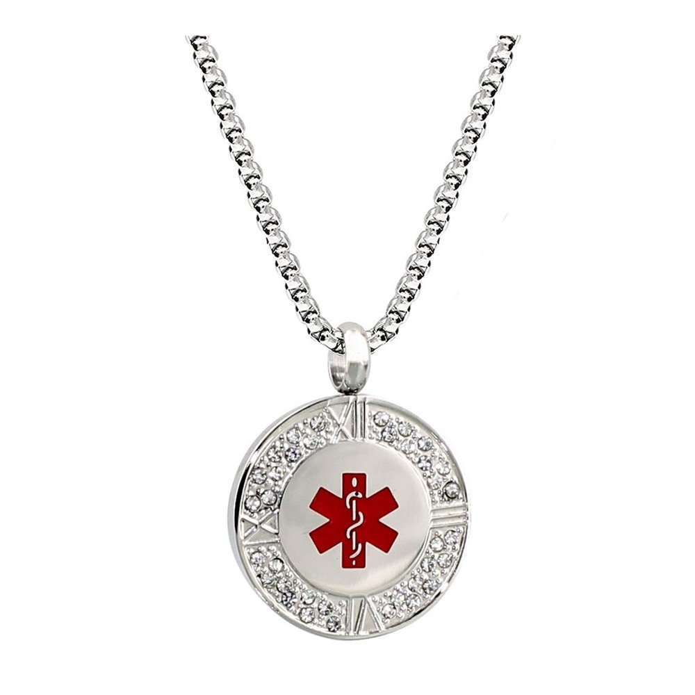 AMOZO JEWELRY (Free Engraving) Stainless Steel Round Pendant Medical Alert ID Necklace 20 inch