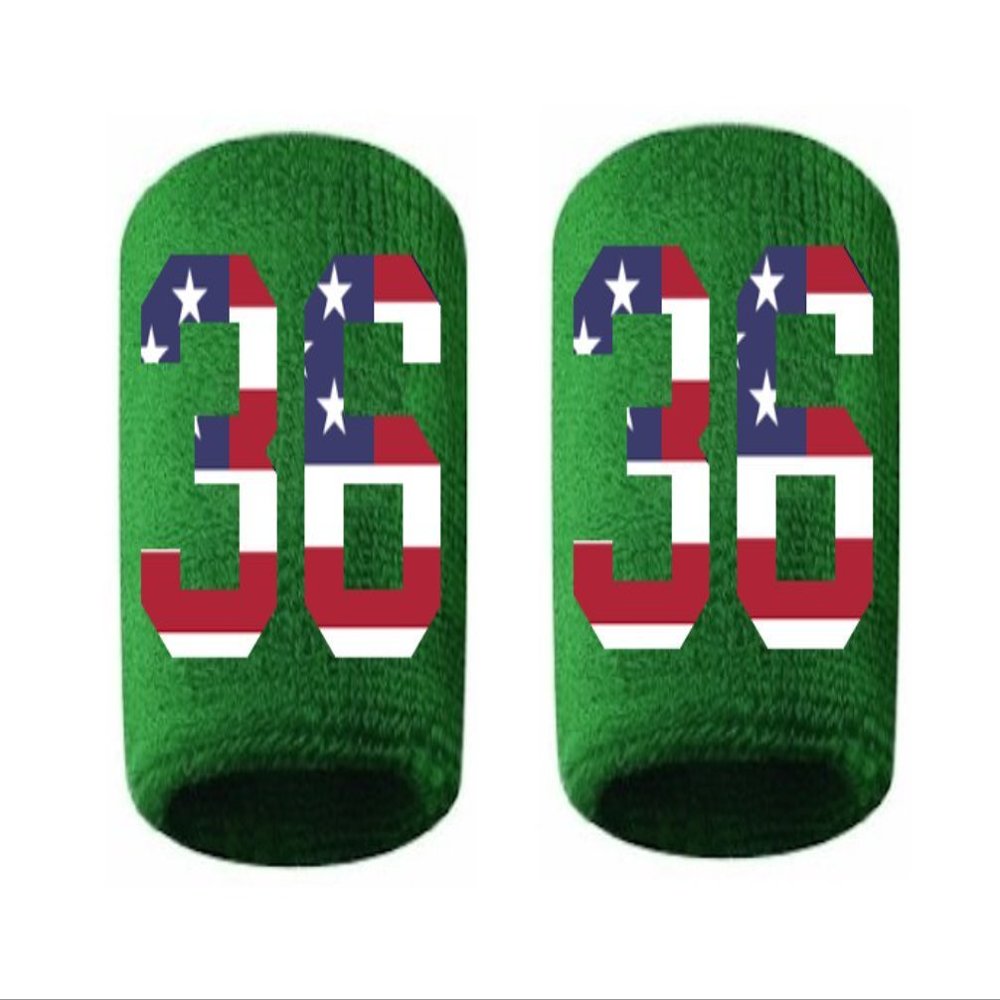 #36 Embroidered/Stitched Sweatband Wristband GREEN Sweat Band w/ USA AMERICAN FLAG Number (2 Pack)