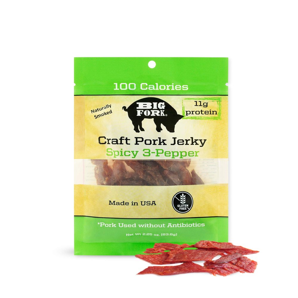 Big Fork Craft Pork Jerky  Spicy 3-Pepper Flavor | Bacon-Inspired, Small-Batch Jerky Made from 100% Berkshire Pork | Keto, Paleo, Gluten-Free, High-Protein Snack | 8 Bags (2.25 oz Each)