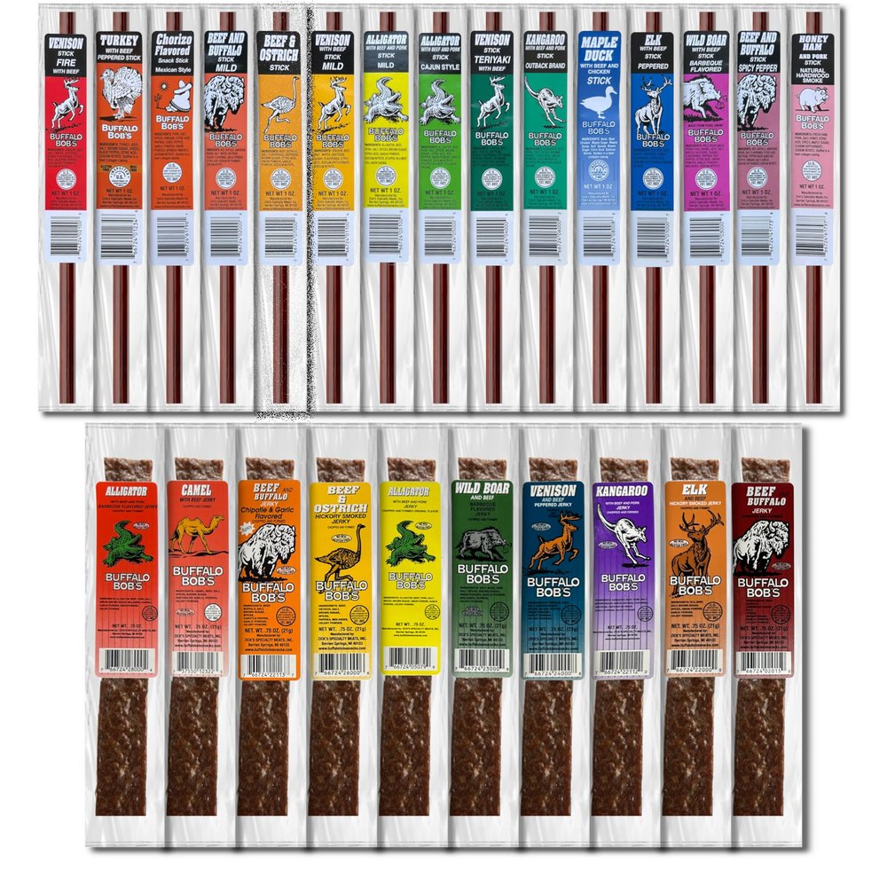 Buffalo Bob's Wild Game Meat Snacks - 25 Piece Exotic Jerky Strips & Sticks, High-Protein Snack for Adventure Enthusiasts, Hiking, Camping, Stocking Stuffer, Gift for Dad/Men