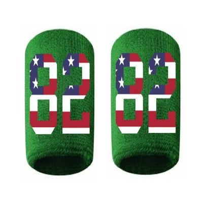 #82 Embroidered/Stitched Sweatband Wristband GREEN Sweat Band w/ USA AMERICAN FLAG Number (2 Pack)