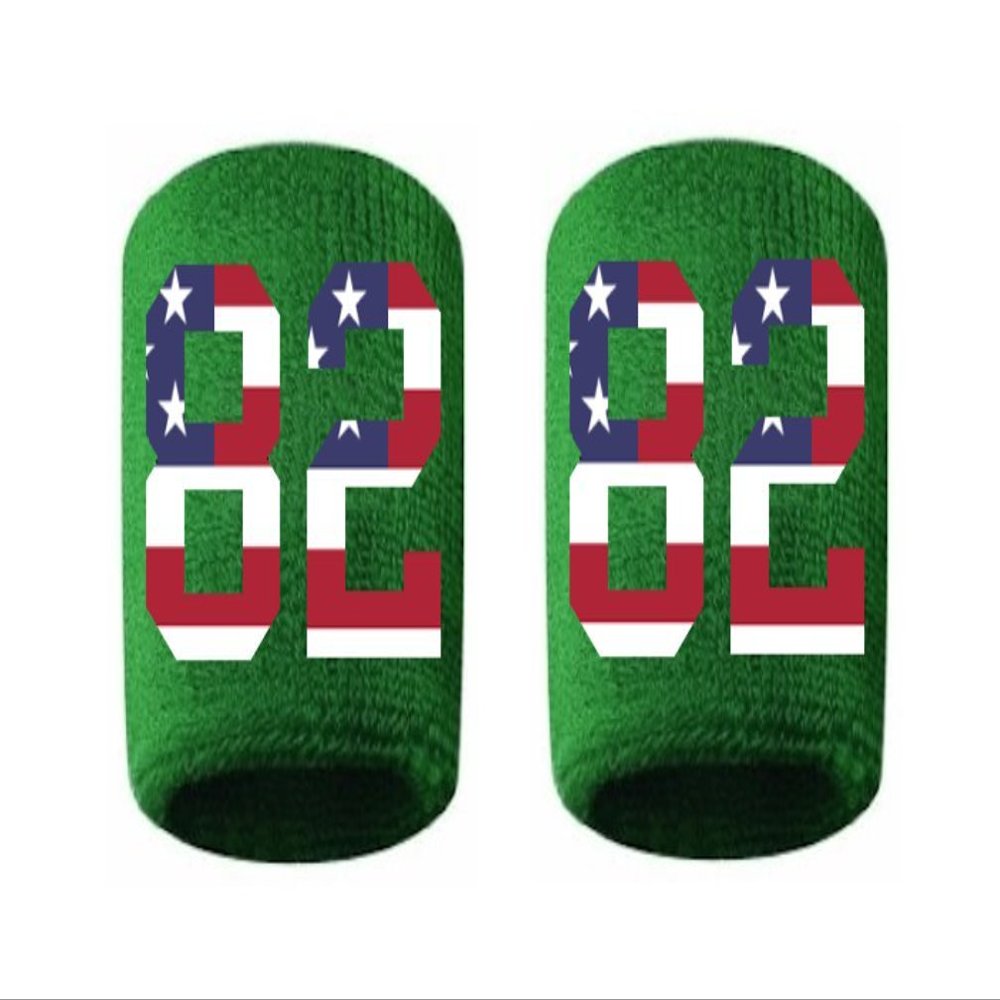 #82 Embroidered/Stitched Sweatband Wristband GREEN Sweat Band w/ USA AMERICAN FLAG Number (2 Pack)