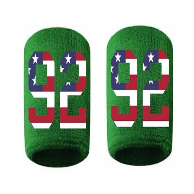 #92 Embroidered/Stitched Sweatband Wristband GREEN Sweat Band w/ USA AMERICAN FLAG Number (2 Pack)