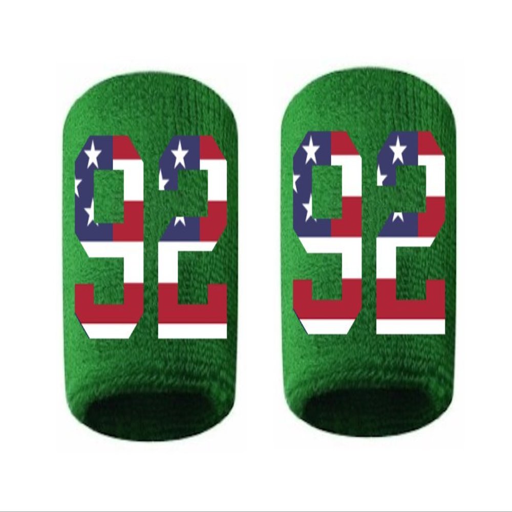 #92 Embroidered/Stitched Sweatband Wristband GREEN Sweat Band w/ USA AMERICAN FLAG Number (2 Pack)