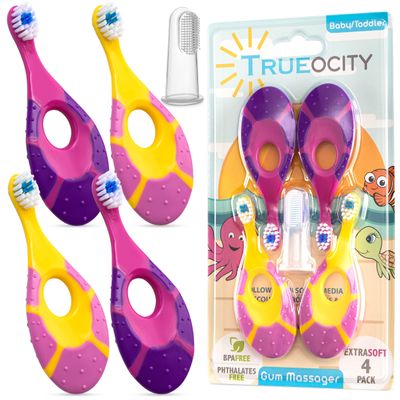 Trueocity Infant Toothbrush Set for Oral Care (12 Months+)  Soft Bristles, Small Brush Head, Easy-Grip Handle  4-Pack (Pink & Purple)