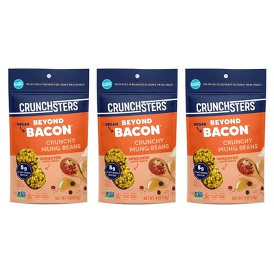 Crunchsters Sprouted Mung Beans, Plant-Based Protein Super-Snack and Salad Topper, Gluten-Free, Nut-Free, Vegan, 5g Protein/Serving, 4oz. Bags, Beyond Bacon, 3-Pack