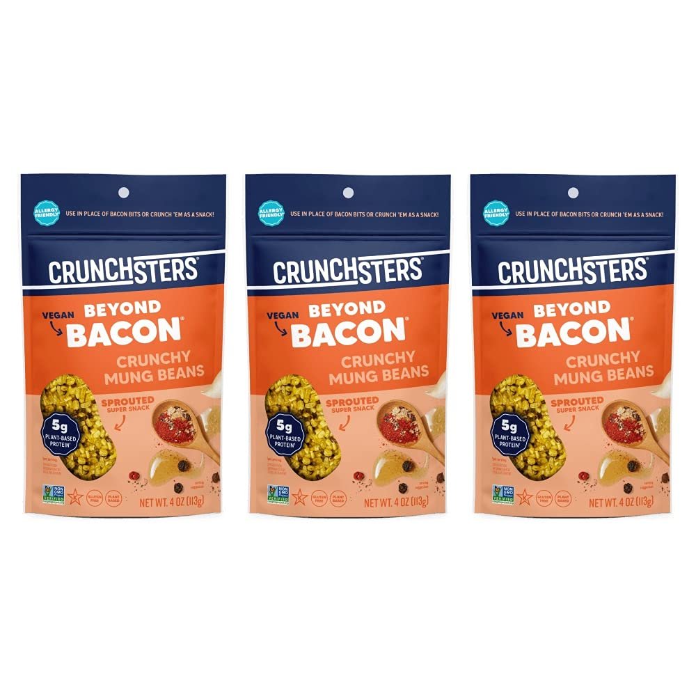 Crunchsters Sprouted Mung Beans, Plant-Based Protein Super-Snack and Salad Topper, Gluten-Free, Nut-Free, Vegan, 5g Protein/Serving, 4oz. Bags, Beyond Bacon, 3-Pack