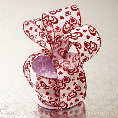 2 1/2" X10 Yards White/Red Metallic Lot of Love Heart Ribbon