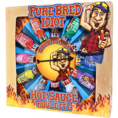 Pure Bred Idiot - Hot Sauce Roulette Game - 12 - 0.75 Ounce Bottles Hot Sauce Gift Set - Perfect Premium Gourmet Gag Gifts for Men - Spicy Challenge Hot Sauce Sampler