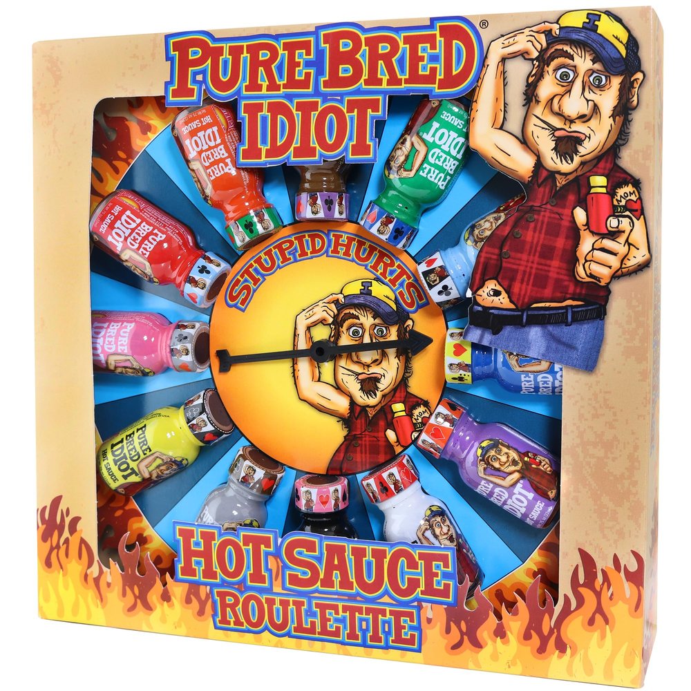 Pure Bred Idiot - Hot Sauce Roulette Game - 12 - 0.75 Ounce Bottles Hot Sauce Gift Set - Perfect Premium Gourmet Gag Gifts for Men - Spicy Challenge Hot Sauce Sampler