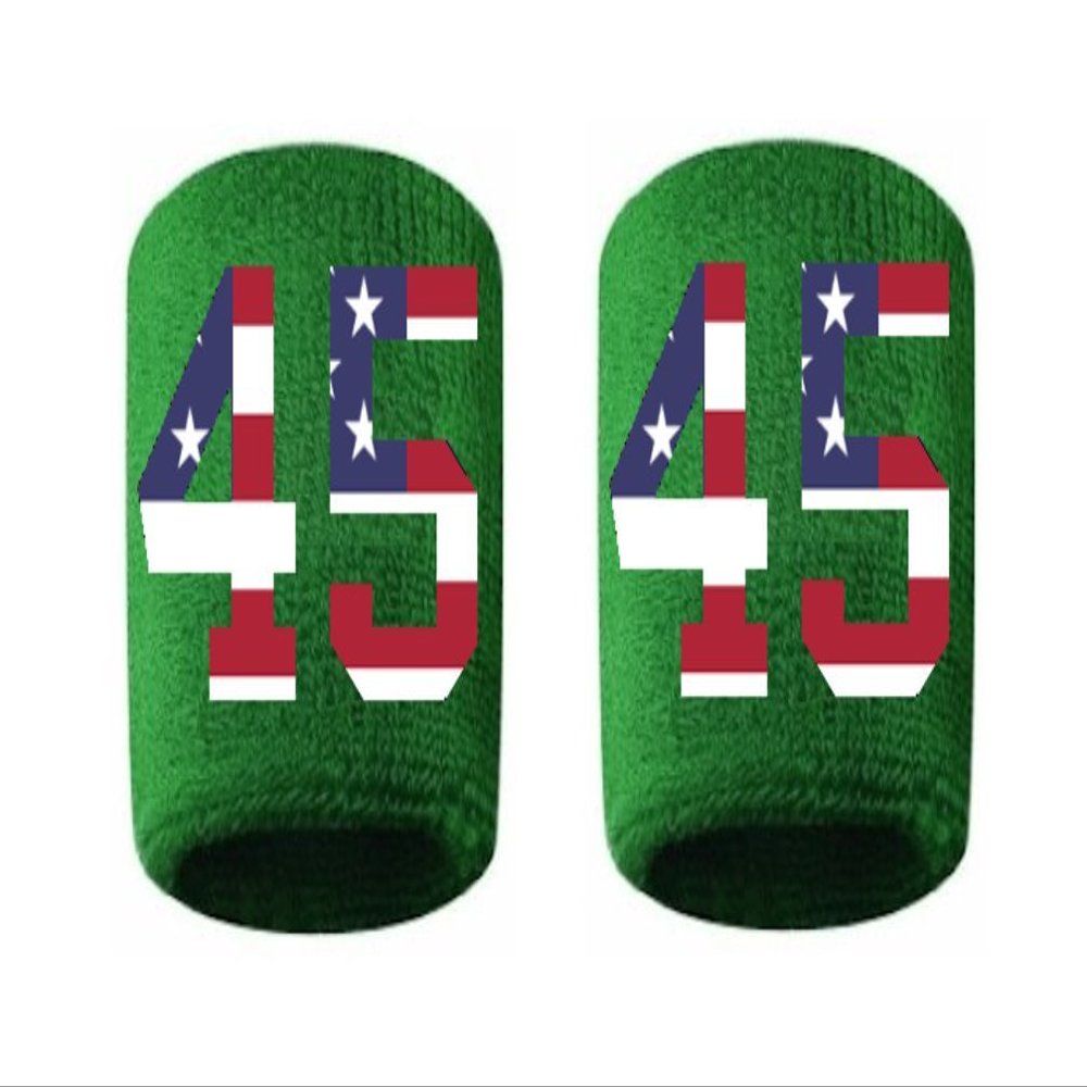 #45 Embroidered/Stitched Sweatband Wristband GREEN Sweat Band w/ USA AMERICAN FLAG Number (2 Pack)