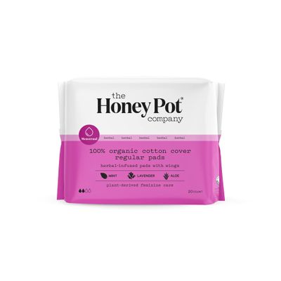 The Honey Pot Company Clean Cotton Regular Absorbency Pads, Herbal-Infused Pads with Wings, Plant-Derived Feminine & Menstrual Care. (Product) RED 20 ct.