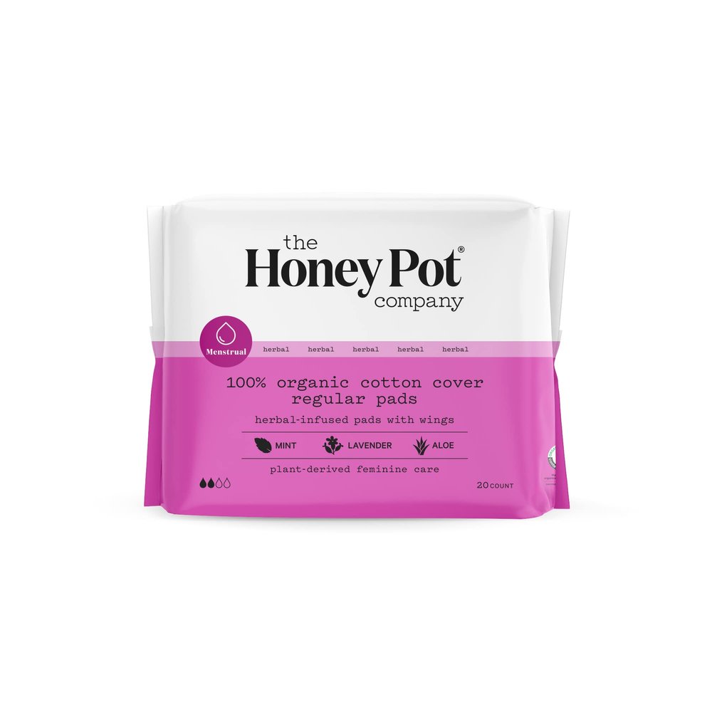 The Honey Pot Company Clean Cotton Regular Absorbency Pads, Herbal-Infused Pads with Wings, Plant-Derived Feminine & Menstrual Care. (Product) RED 20 ct.
