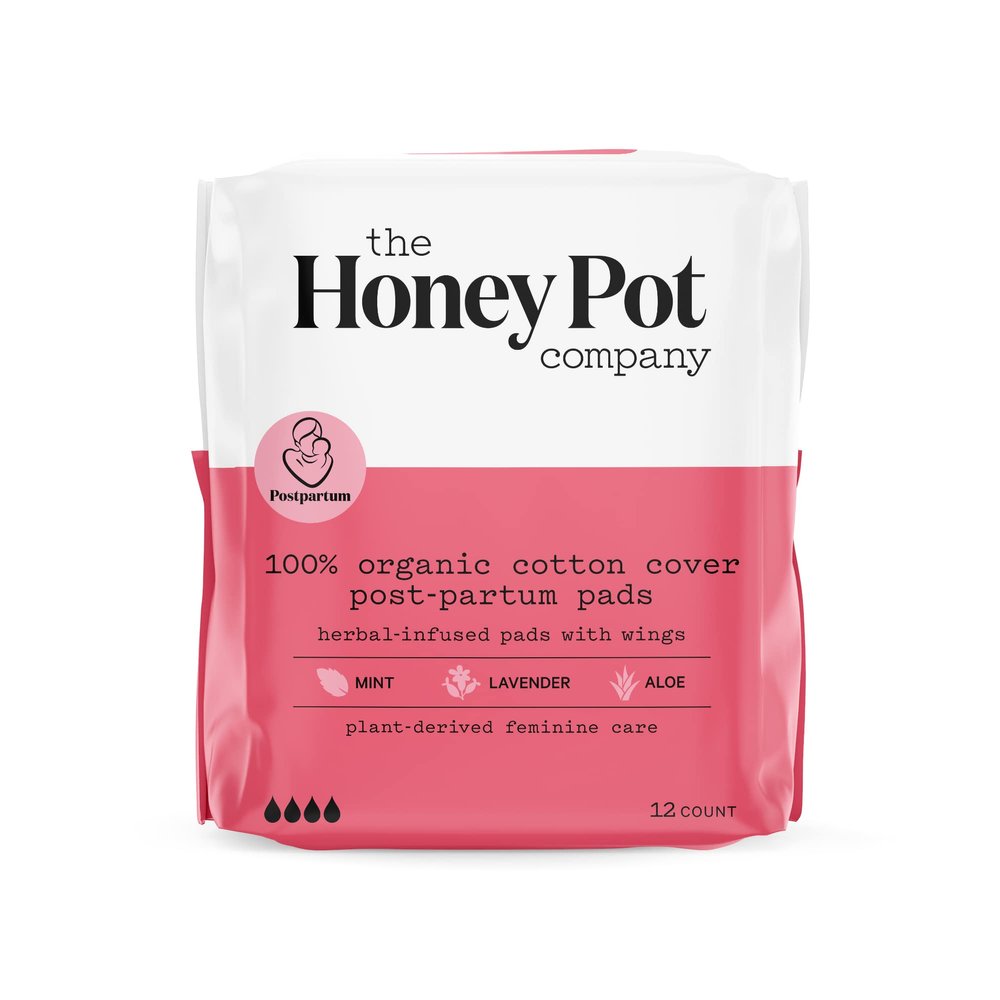 The Honey Pot Company Clean Cotton Postpartum Pads Herbal-Infused, Postpartum and Maternity Pads with Wings, Plant-Derived Feminine & Menstrual Care (Product) RED  12 ct.
