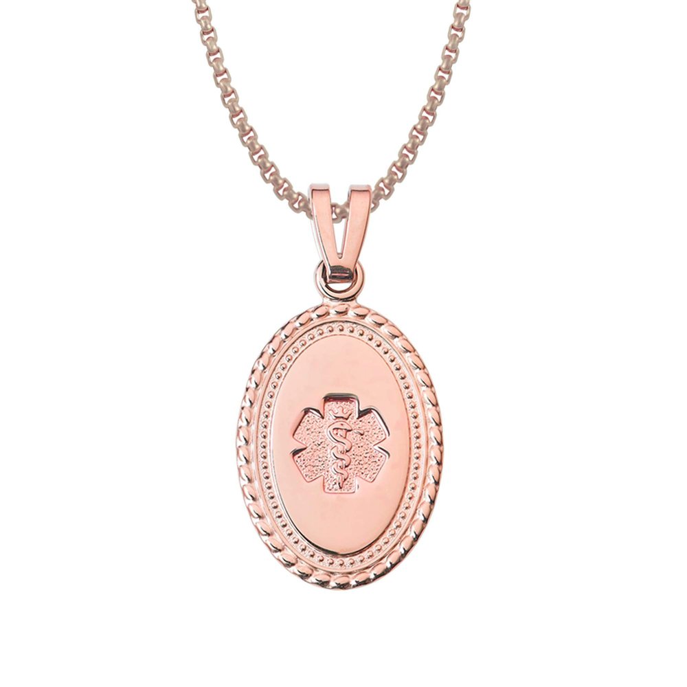 Divoti Custom Engraved-PVD Rose Gold Premier Disc Medical Alert Necklace, Medical ID Necklace Women, Medical Pendant Tag and (24/28 in) PVD Rose Gold Square Rolo-No Fill