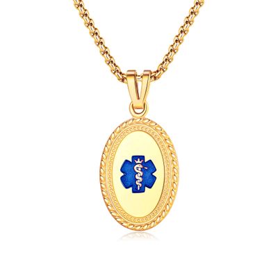 Divoti Custom Engraved-PVD Gold Premier Disc Tag Medical Alert Necklace, Medical ID Necklace Women, Medical Pendant Tag and (24/28 in) PVD Gold Square Rolo -TP Blue