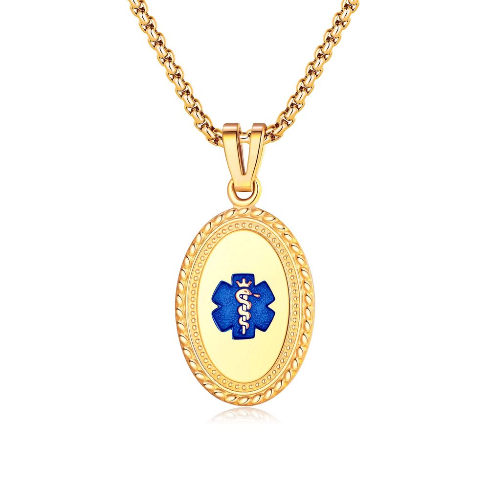 Divoti Custom Engraved-PVD Gold Premier Disc Tag Medical Alert Necklace, Medical ID Necklace Women, Medical Pendant Tag and (24/28 in) PVD Gold Square Rolo -TP Blue