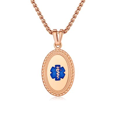 Divoti Custom Engraved-PVD Rose Gold Premier Disc Medical Alert Necklace, Medical ID Necklace Women, Medical Pendant Tag and (24/28 in) PVD Rose Gold Square Rolo-TP Blue