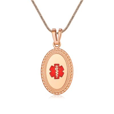 Divoti Custom Engraved-PVD Rose Gold Premier Disc Tag Medical Alert Necklace, Medical ID Necklace Women, Medical Pendant Tag and (24/28 in) PVD Rose Gold Snake -TP Red
