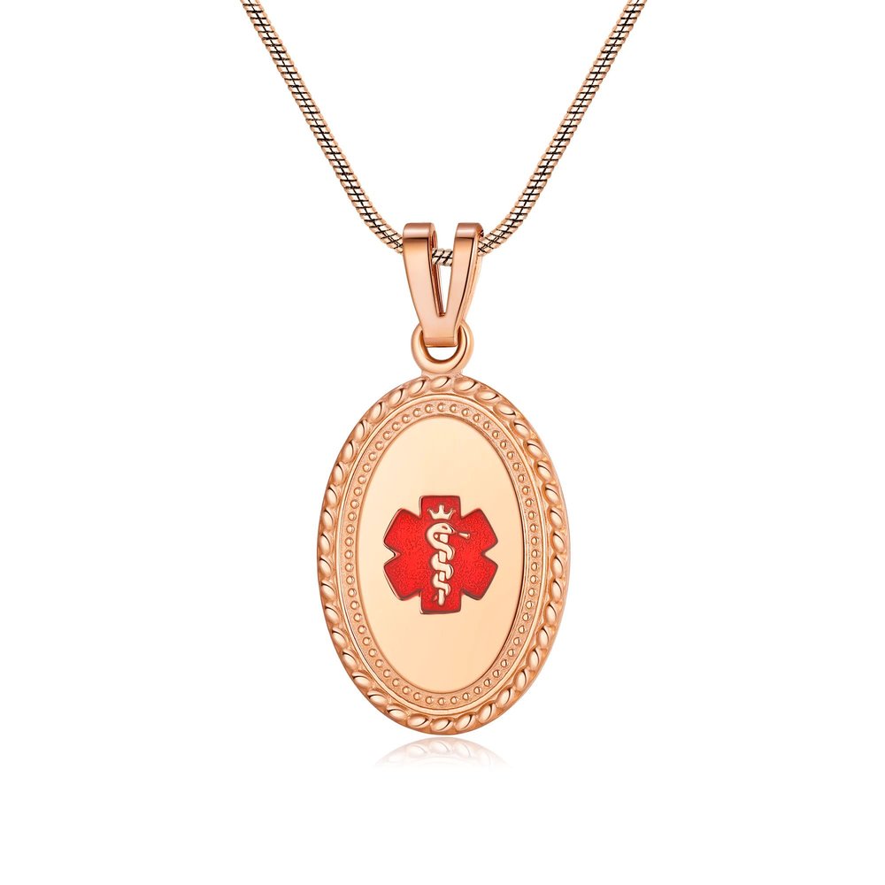 Divoti Custom Engraved-PVD Rose Gold Premier Disc Tag Medical Alert Necklace, Medical ID Necklace Women, Medical Pendant Tag and (24/28 in) PVD Rose Gold Snake -TP Red