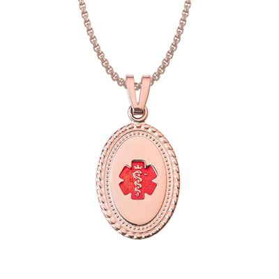 Divoti Custom Engraved-PVD Rose Gold Premier Disc Medical Alert Necklace, Medical ID Necklace Women, Medical Pendant Tag and (24/28 in) PVD Rose Gold Square Rolo-TP Red