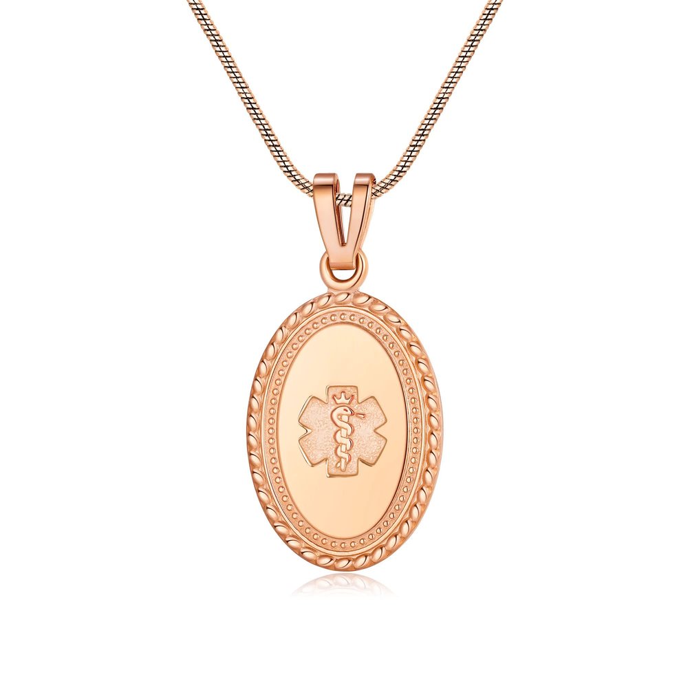 Divoti Custom Engraved-PVD Rose Gold Premier Disc Tag Medical Alert Necklace, Medical ID Necklace Women, Medical Pendant Tag and (24/28 in) PVD Rose Gold Snake -No Fill