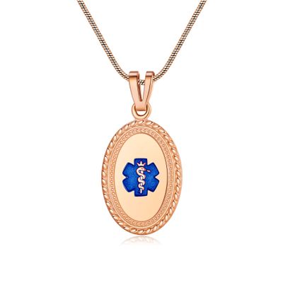 Divoti Custom Engraved-PVD Rose Gold Premier Disc Tag Medical Alert Necklace, Medical ID Necklace Women, Medical Pendant Tag and (24/28 in) PVD Rose Gold Snake -TP Blue