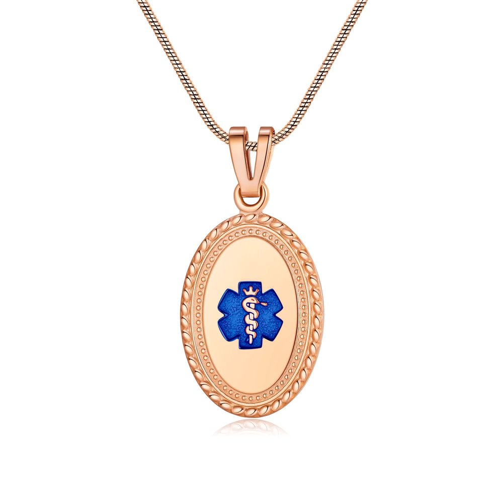 Divoti Custom Engraved-PVD Rose Gold Premier Disc Tag Medical Alert Necklace, Medical ID Necklace Women, Medical Pendant Tag and (24/28 in) PVD Rose Gold Snake -TP Blue