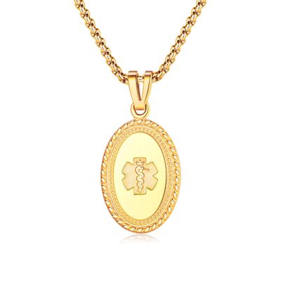 Divoti Custom Engraved-PVD Gold Premier Disc Tag Medical Alert Necklace, Medical ID Necklace Women, Medical Pendant Tag- Various Color and (24/28 IN) PVD Gold Square Rolo -No Fill