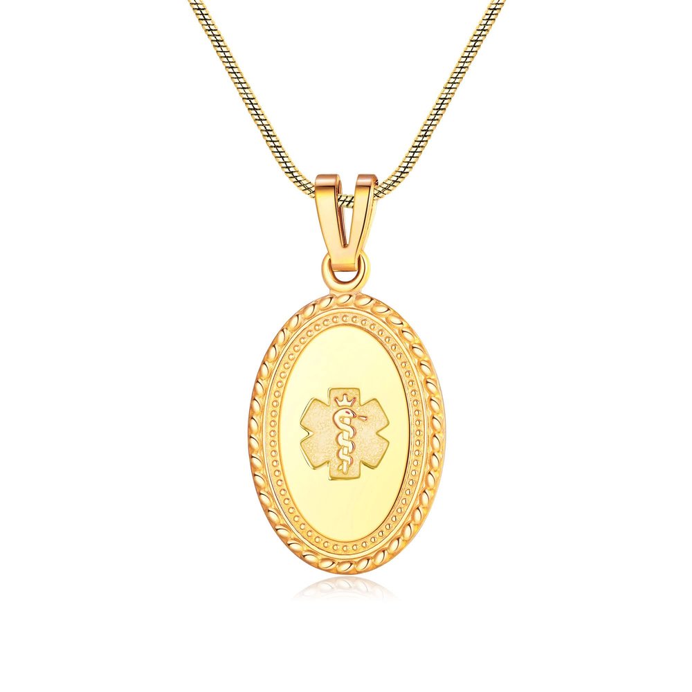 Divoti Custom Engraved-PVD Gold Premier Disc Tag Medical Alert Necklace, Medical ID Necklace Women, Medical Pendant Tag and (24/28 in) PVD Gold Snake -No Fill