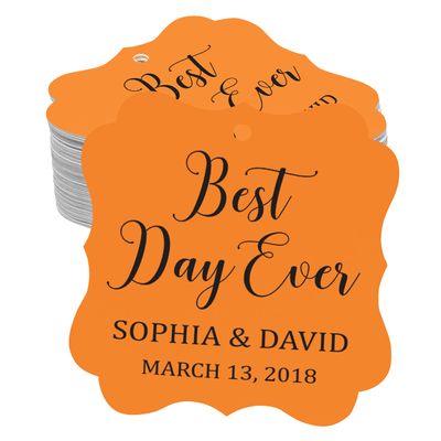 Darling Souvenir Personalized Fancy Frame Wedding Gift Tags 'Best Day Ever' Custom Name & Date Favor Hang Tags-Orange-100 Tags